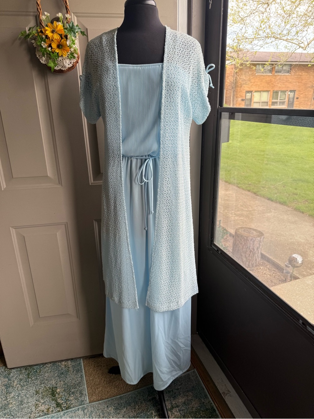 Vintage 60/70s light blue maxi dress with knit overlay cardigan, size medium